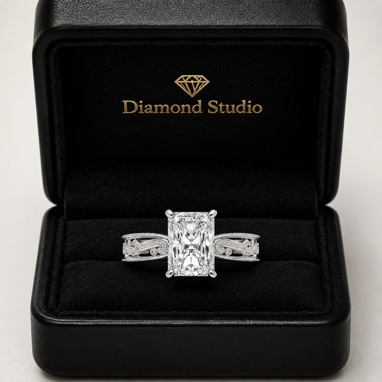 Sabrina 4 Carat Emerald Cut Solitaire Hand Engraved Milgrain Engagement Ring