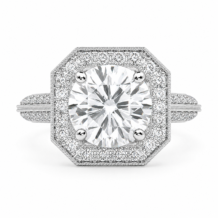 Beatrice 1.45 Carat Round Cut Halo Pave Knife Edge Milgrain Engagement Ring — product image