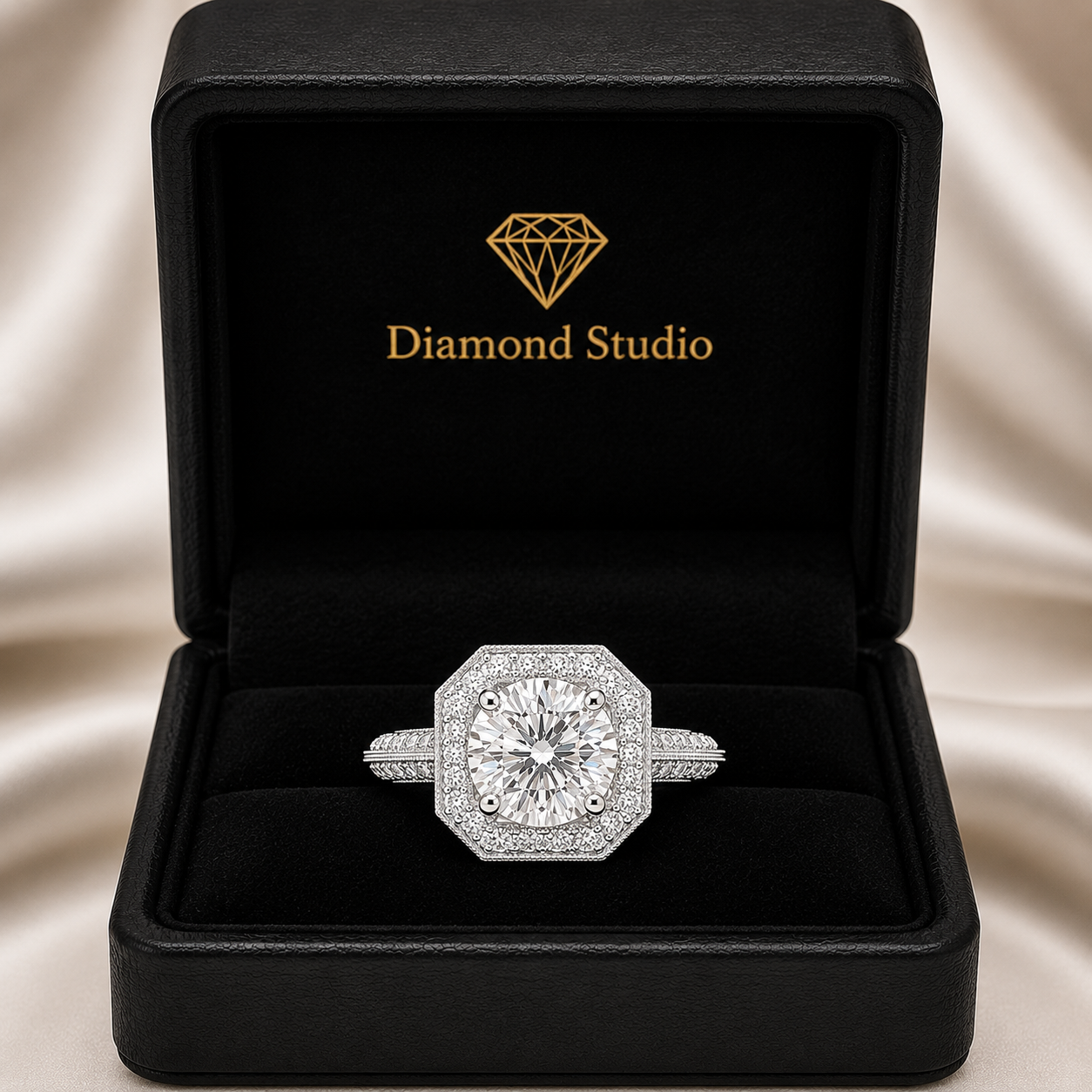 Beatrice  Round Cut Halo Pave Knife Edge Milgrain Engagement Ring