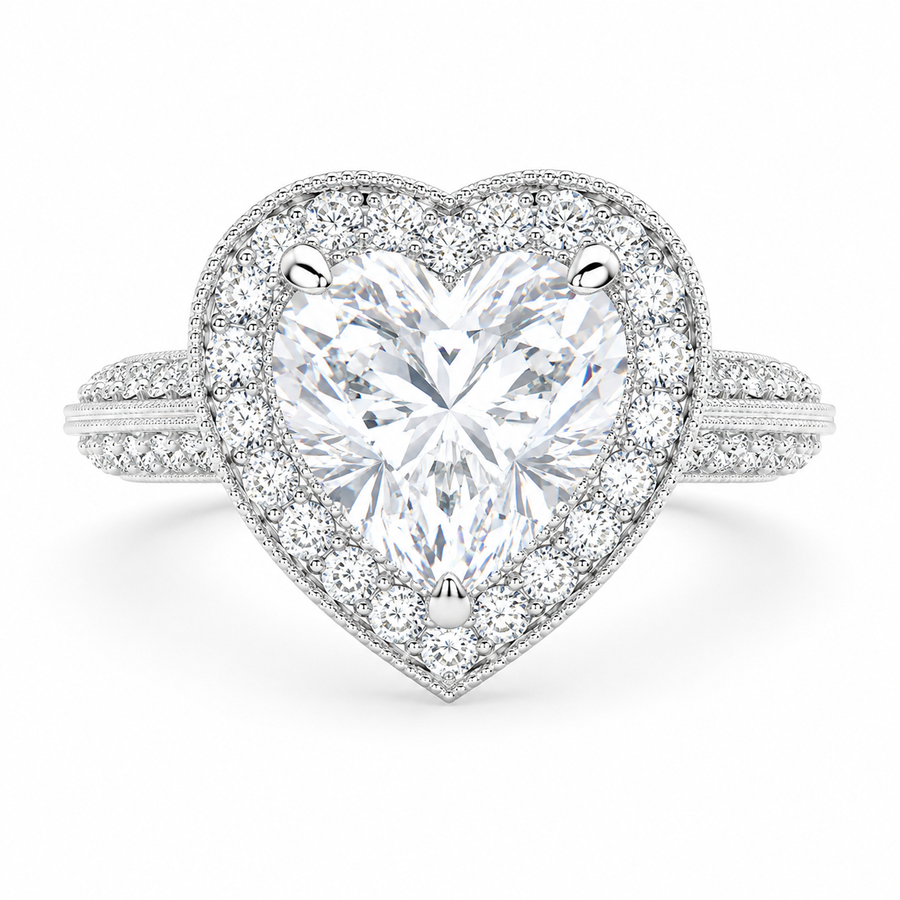 Beatrice 3.45 Carat Heart Cut Halo Pave Knife Edge Milgrain Engagement Ring