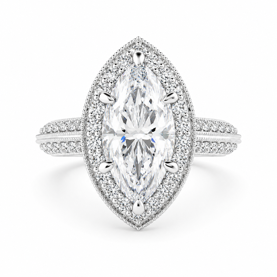 Beatrice 4.45 Carat Marquise Cut Halo Pave Knife Edge Milgrain Engagement Ring