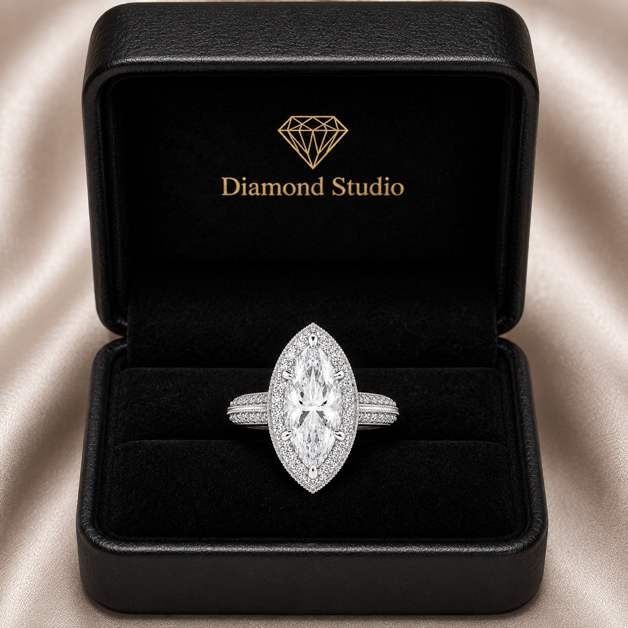 VS1 D Lab Grown Diamond Halo Pave Marquise Ring