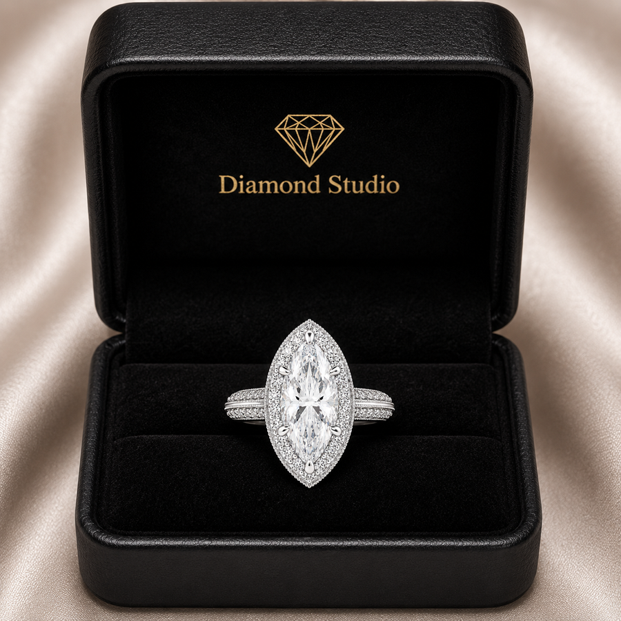 Beatrice 4.45 Carat Marquise Cut Halo Pave Knife Edge Milgrain Engagement Ring