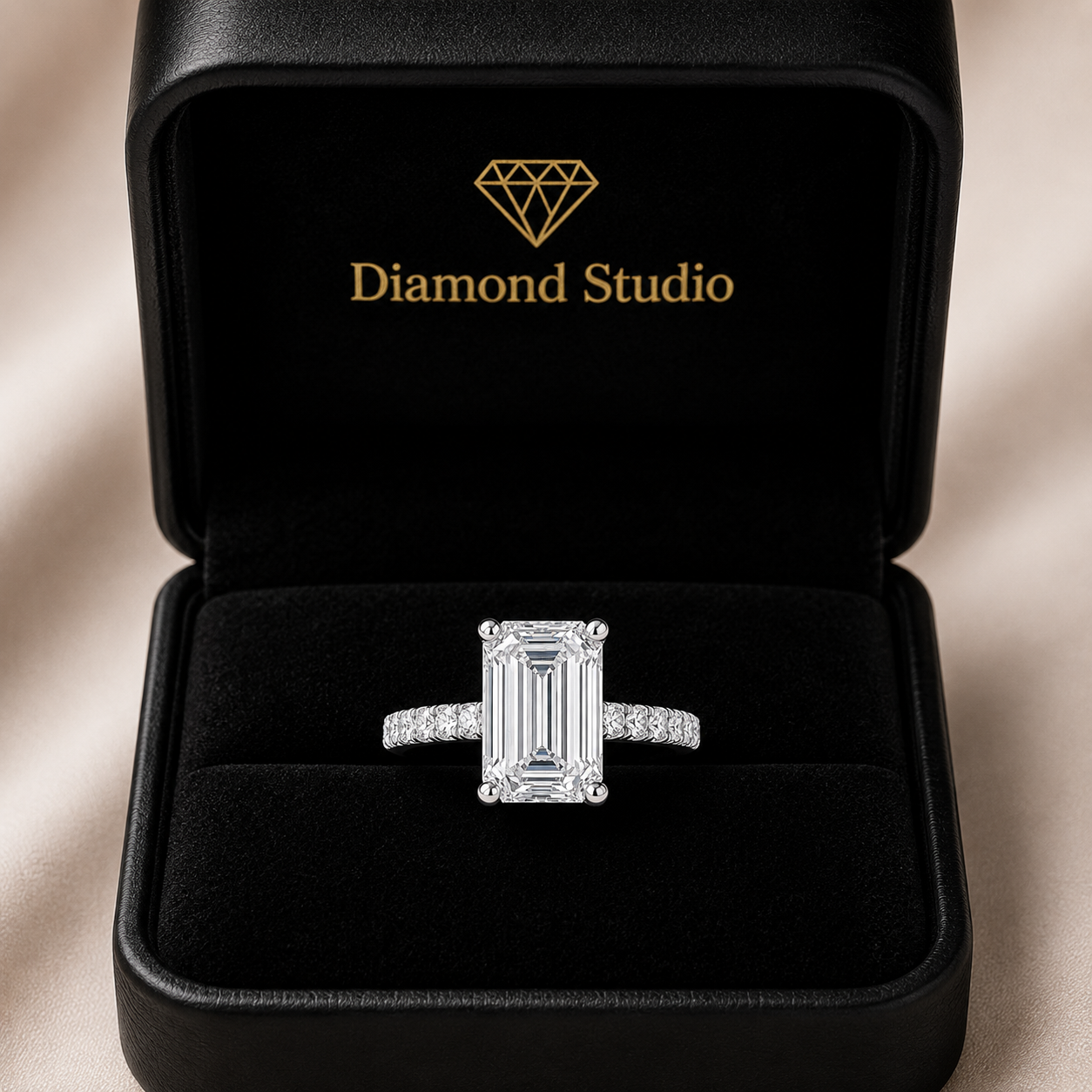 Karina 3.3 Carat Emerald Cut Pave 6 Prong Engagement Ring