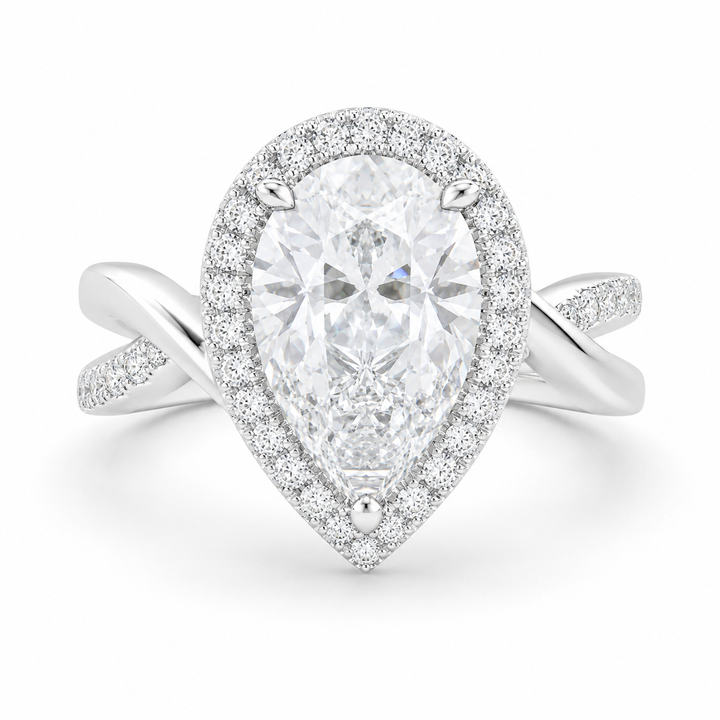 Celestina 3.35 Carat Pear Cut Halo Pave Split Shank Engagement Ring — product image
