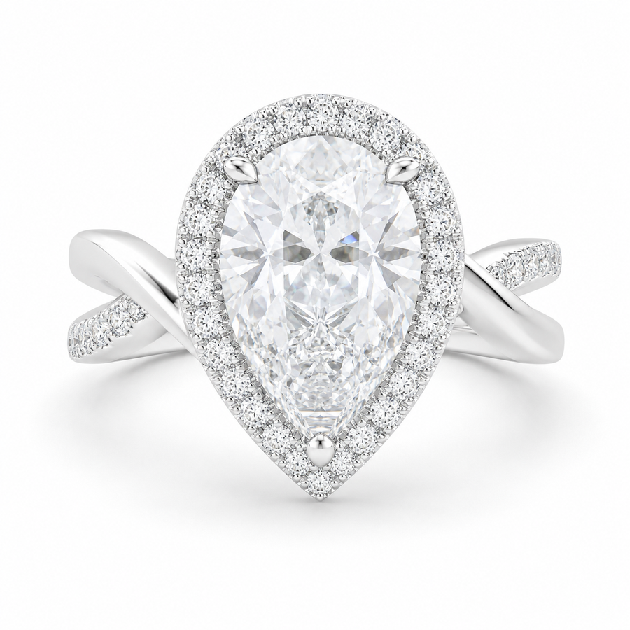 Celestina 4.35 Carat Pear Cut Halo Pave Split Shank Engagement Ring
