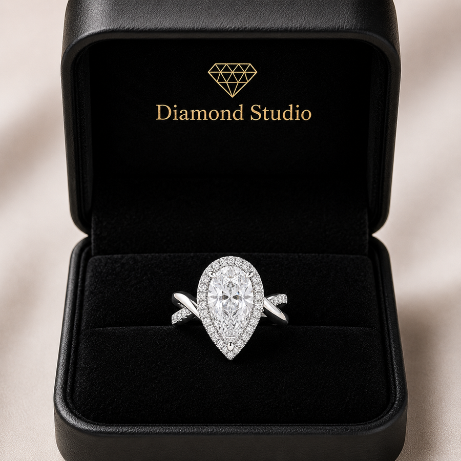 Celestina 4.35 Carat Pear Cut Halo Pave Split Shank Engagement Ring
