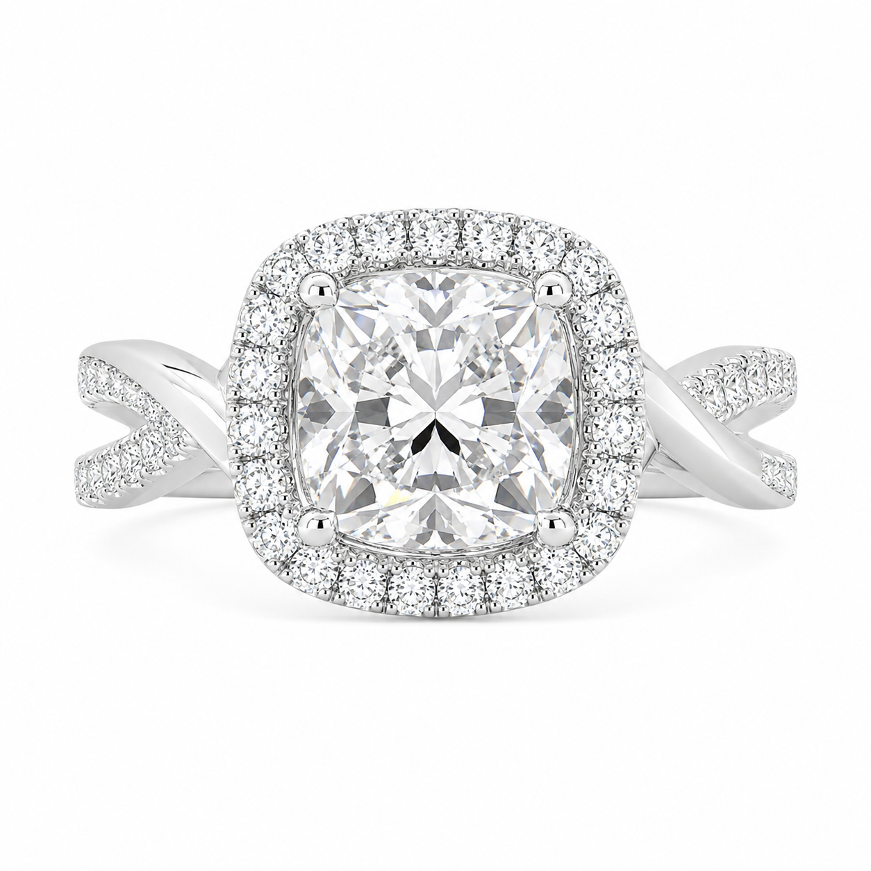 Celestina 1.35 Carat Cushion Cut Halo Pave Split Shank Engagement Ring