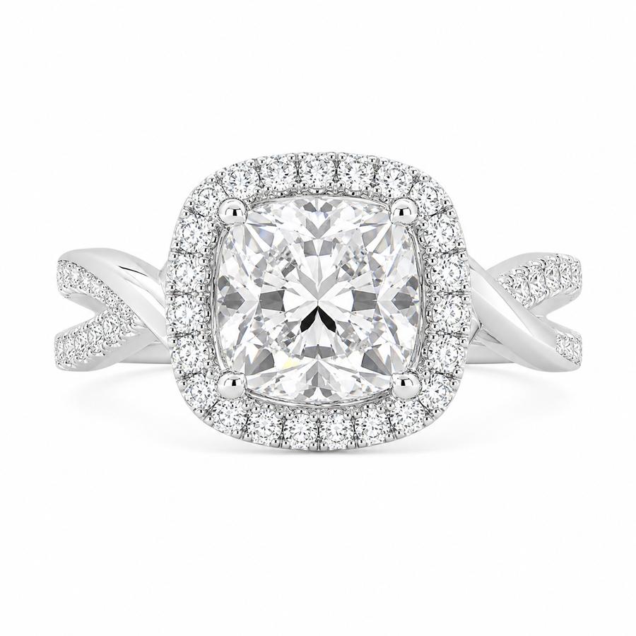 Celestina 1.35 Carat Cushion Cut Halo Pave Split Shank Engagement Ring