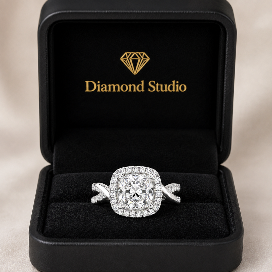 Celestina 1.35 Carat Cushion Cut Halo Pave Split Shank Engagement Ring