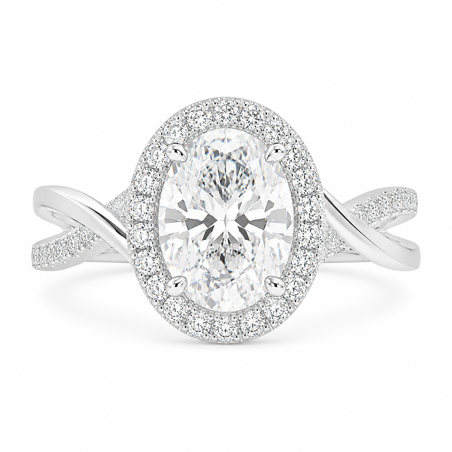 Celestina 2.35 Carat Oval Cut Halo Pave Split Shank Engagement Ring