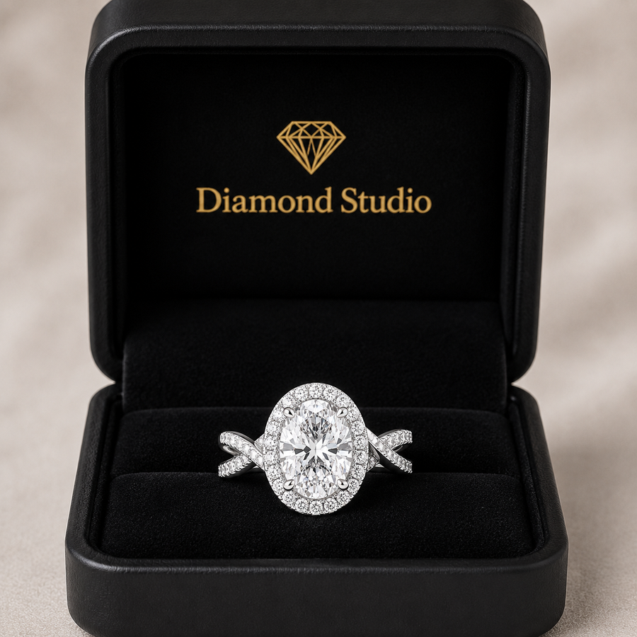 Celestina 2.35 Carat Oval Cut Halo Pave Split Shank Engagement Ring
