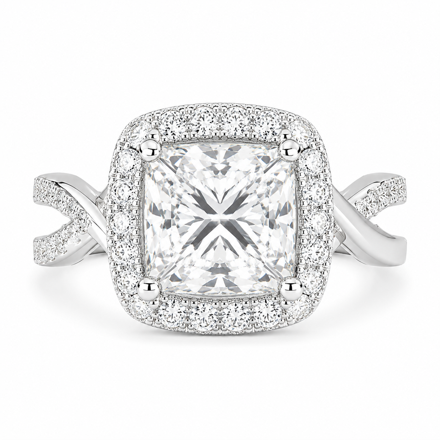 Celestina 4.35 Carat Princess Cut Halo Pave Split Shank Engagement Ring