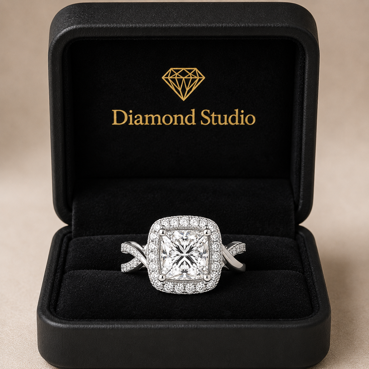 Celestina 4.35 Carat Princess Cut Halo Pave Split Shank Engagement Ring