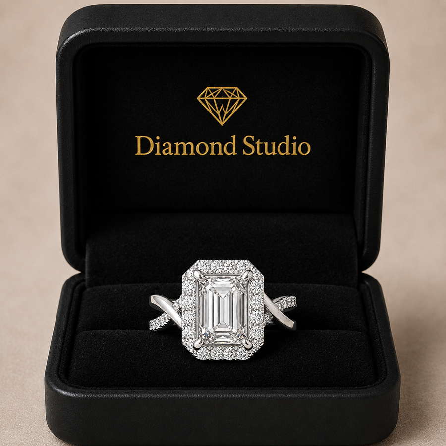 Celestina 3.35 Carat Radiant Cut Halo Pave Split Shank Engagement Ring