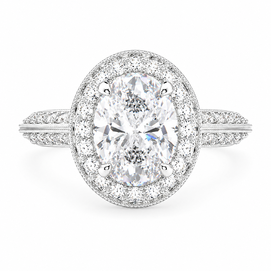 Beatrice 1.45 Carat Oval Cut Halo Pave Knife Edge Milgrain Engagement Ring