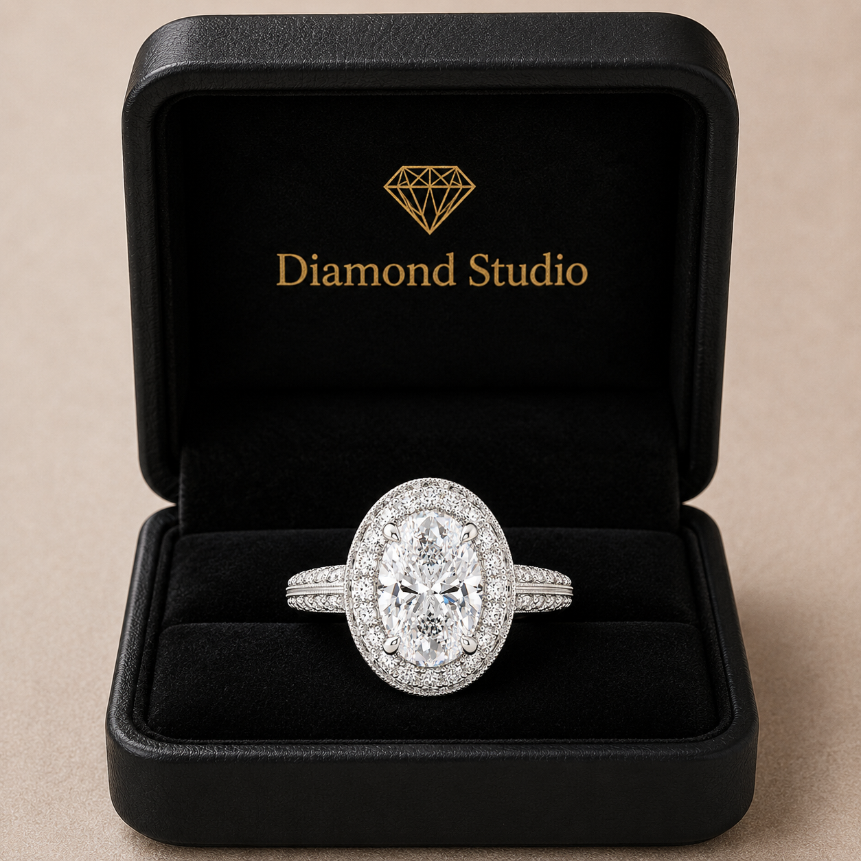 Beatrice 1.45 Carat Oval Cut Halo Pave Knife Edge Milgrain Engagement Ring