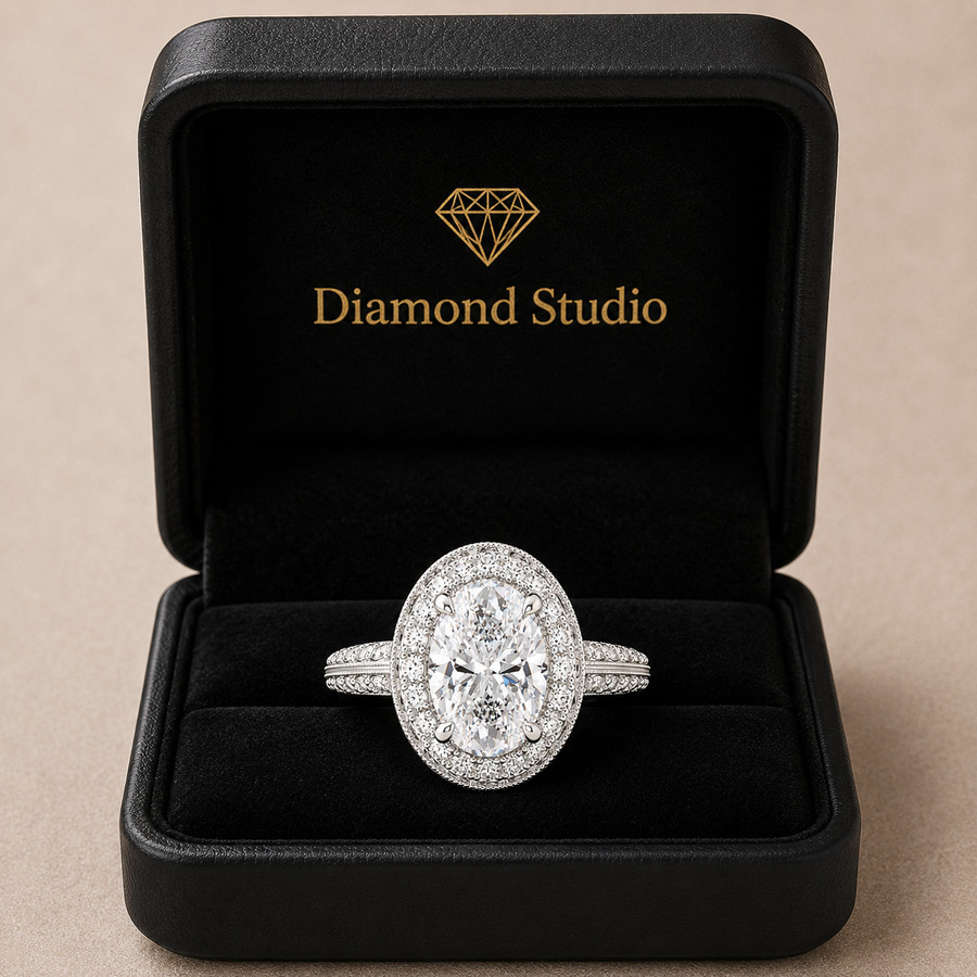 Beatrice 1.45 Carat Oval Cut Halo Pave Knife Edge Milgrain Engagement Ring