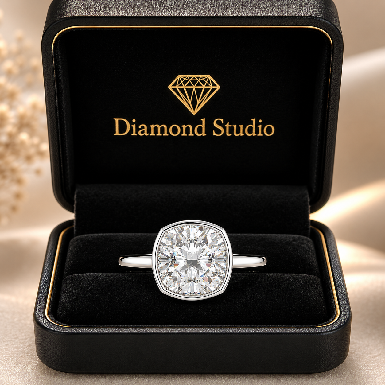 VS1 D Lab Grown Diamond Halo Pave Cushion Ring