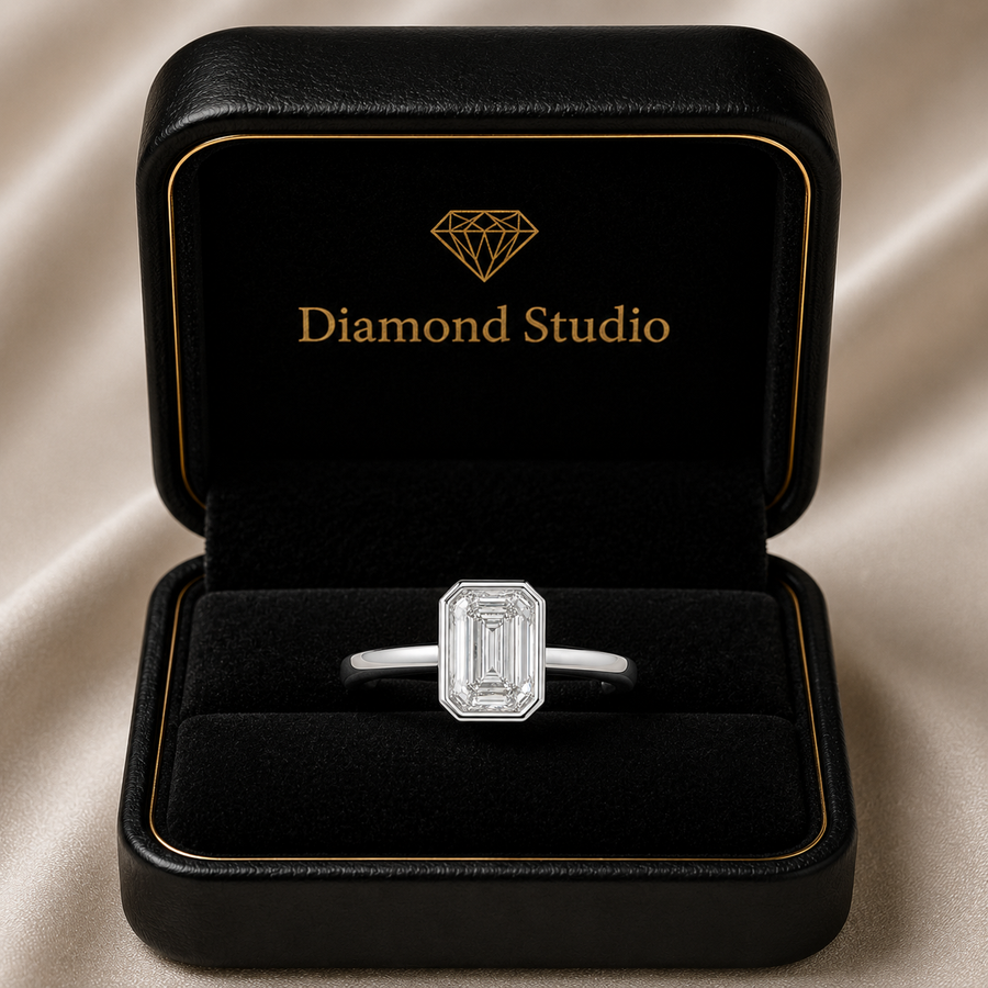 Xenia 4.15 Carat Emerald Cut Halo Pave Solitaire Engagement Ring