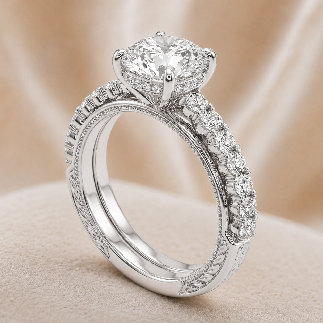 2.50 CT Round Lab-Grown Diamond 2PCS Art Deco Bridal Set in 14K White Gold – Matching Wedding Band Engagement Ring Design