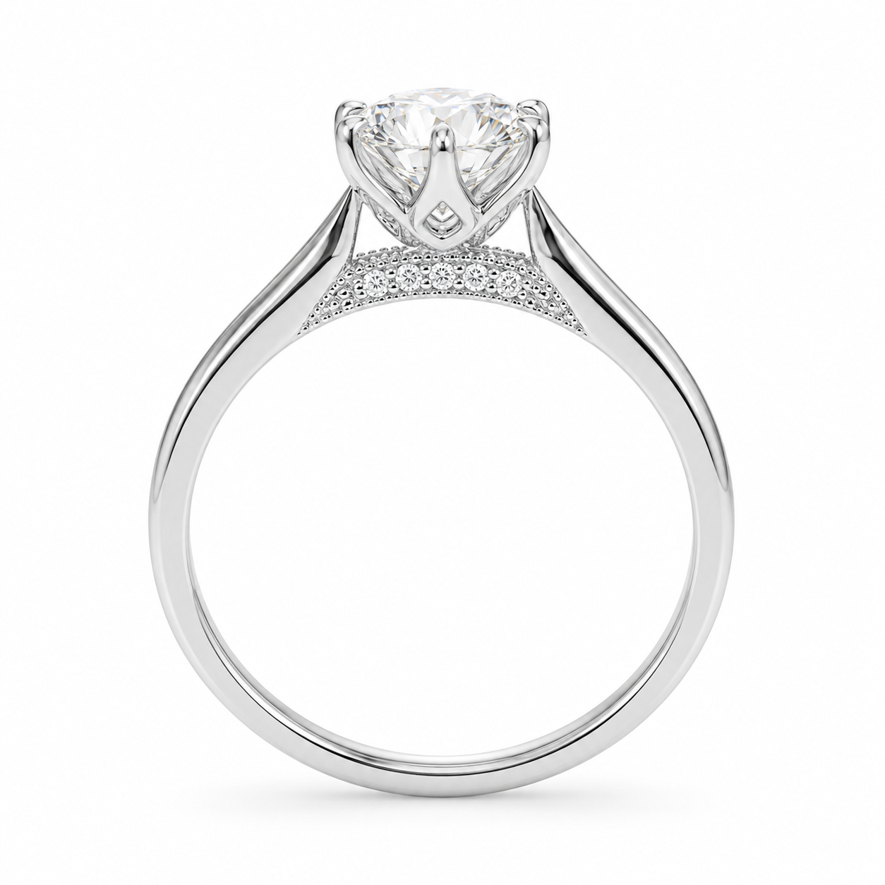1.20 CT Round Lab-Grown Diamond Hidden Halo Engagement Ring in 14K White Gold – Tulip Set Milgrain Solitaire Design