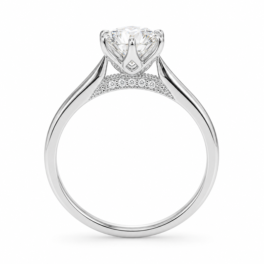 1.20 CT Round Lab-Grown Diamond Hidden Halo Engagement Ring in 14K White Gold – Tulip Set Milgrain Solitaire Design