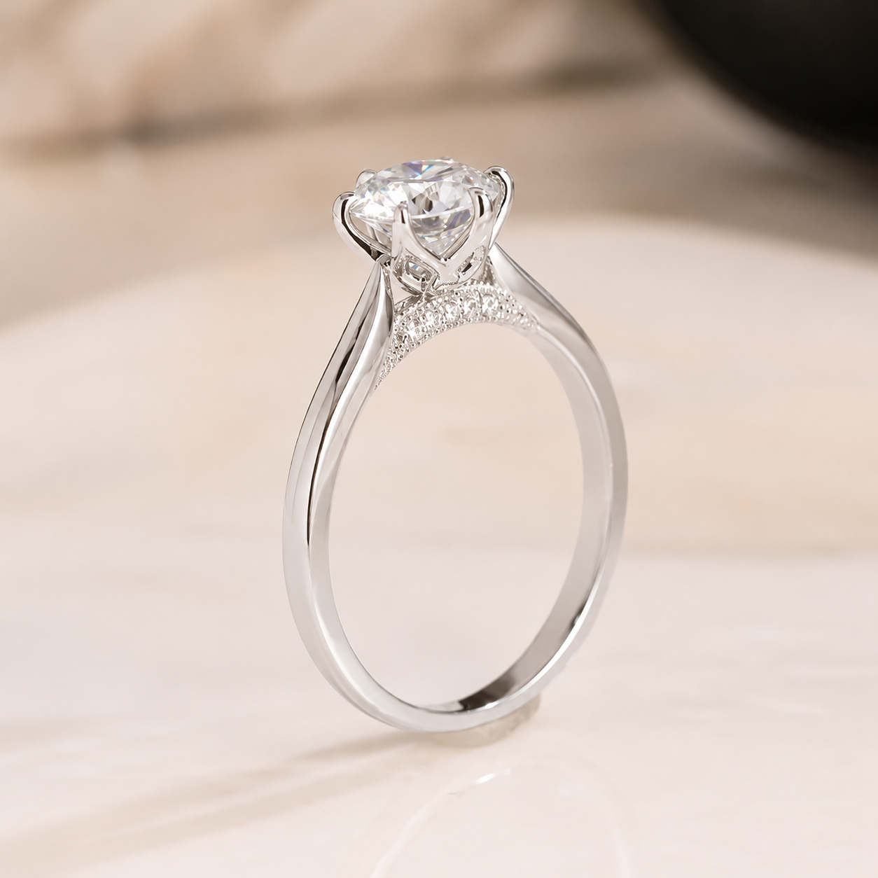 1.20 CT Round Lab-Grown Diamond Hidden Halo Engagement Ring in 14K White Gold – Tulip Set Milgrain Solitaire Design