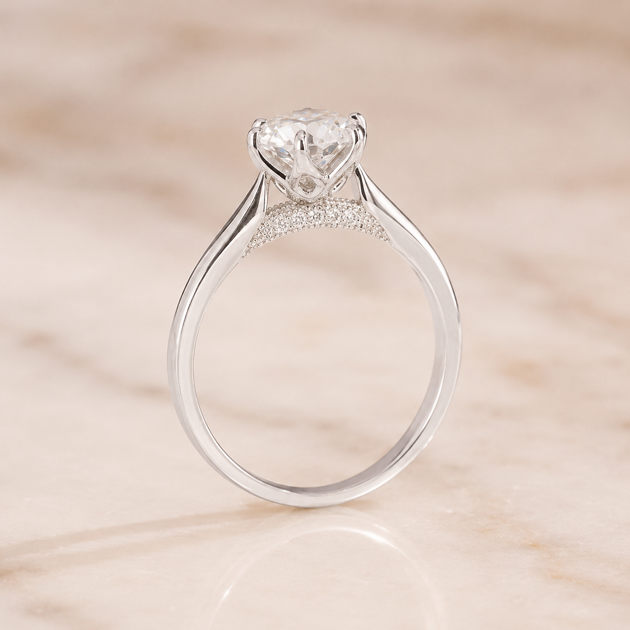 1.20 CT Round Lab-Grown Diamond Hidden Halo Engagement Ring in 14K White Gold – Tulip Set Milgrain Solitaire Design