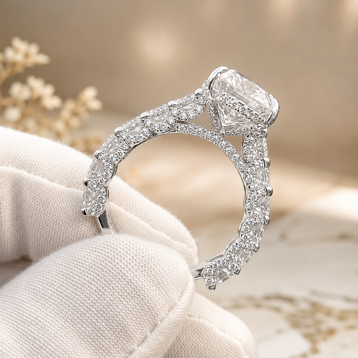 4.00 CT Oval Lab-Grown Diamond Hidden Halo Engagement Ring in 14K White Gold – Pavé Statement Design | IGI Certified