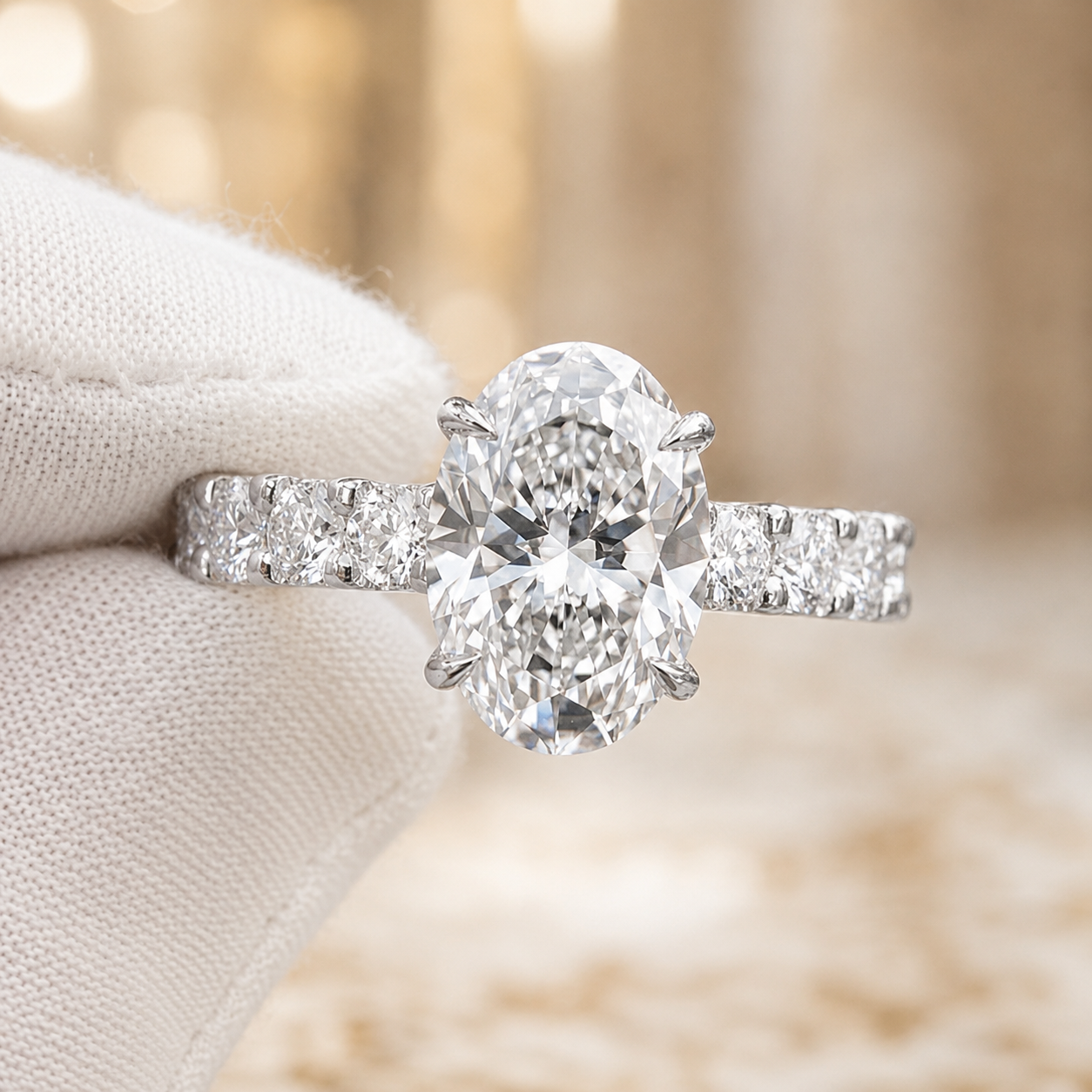 4.00 CT Oval Lab-Grown Diamond Hidden Halo Engagement Ring in 14K White Gold – Pavé Statement Design | IGI Certified