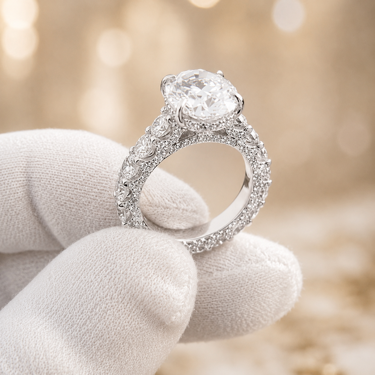 4.00 CT Oval Lab-Grown Diamond Hidden Halo Engagement Ring in 14K White Gold – Pavé Statement Design | IGI Certified
