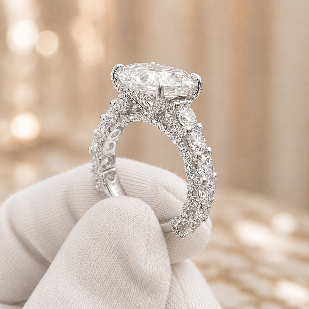 4.00 CT Oval Lab-Grown Diamond Hidden Halo Engagement Ring in 14K White Gold – Pavé Statement Design | IGI Certified