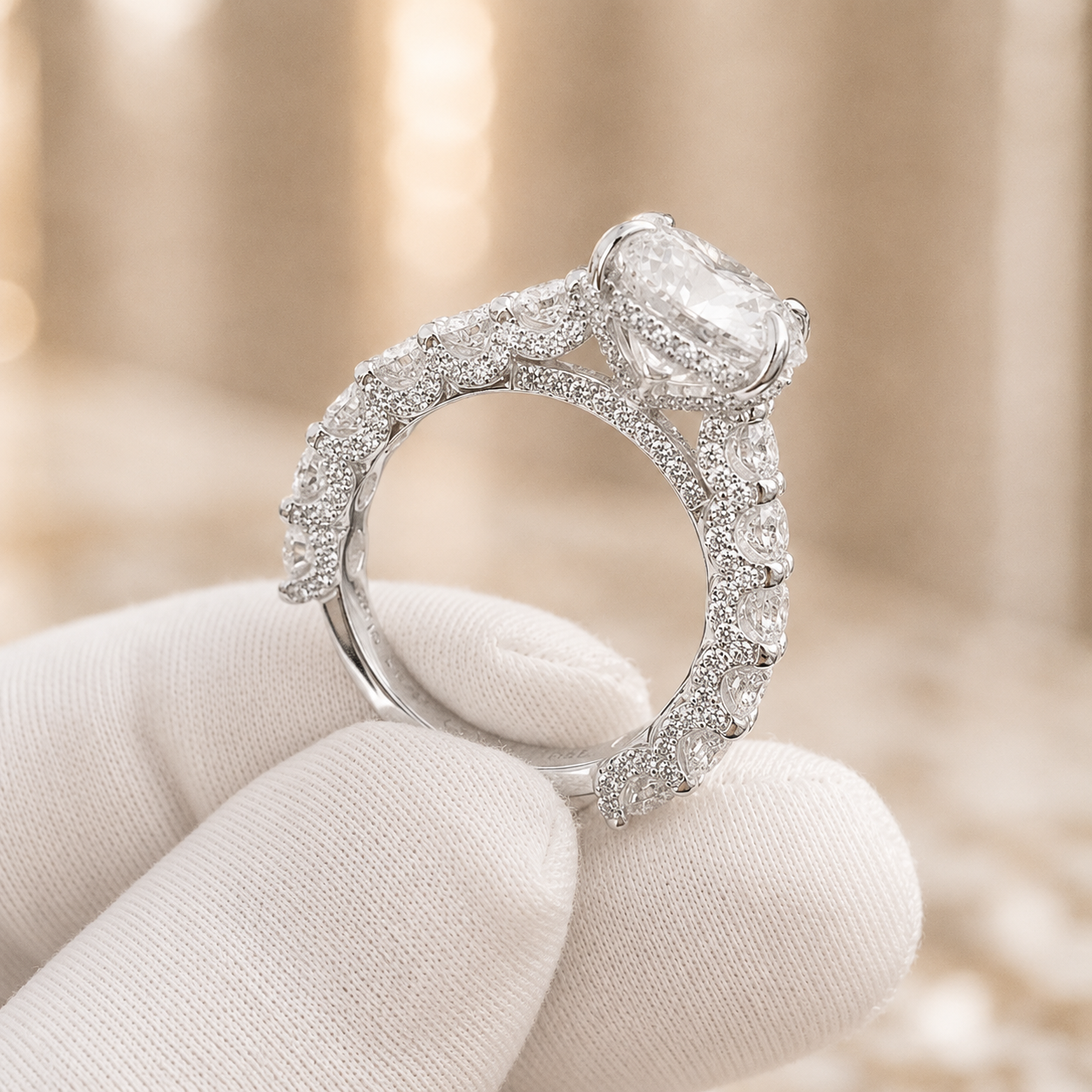 4.00 CT Oval Lab-Grown Diamond Hidden Halo Engagement Ring in 14K White Gold – Pavé Statement Design | IGI Certified