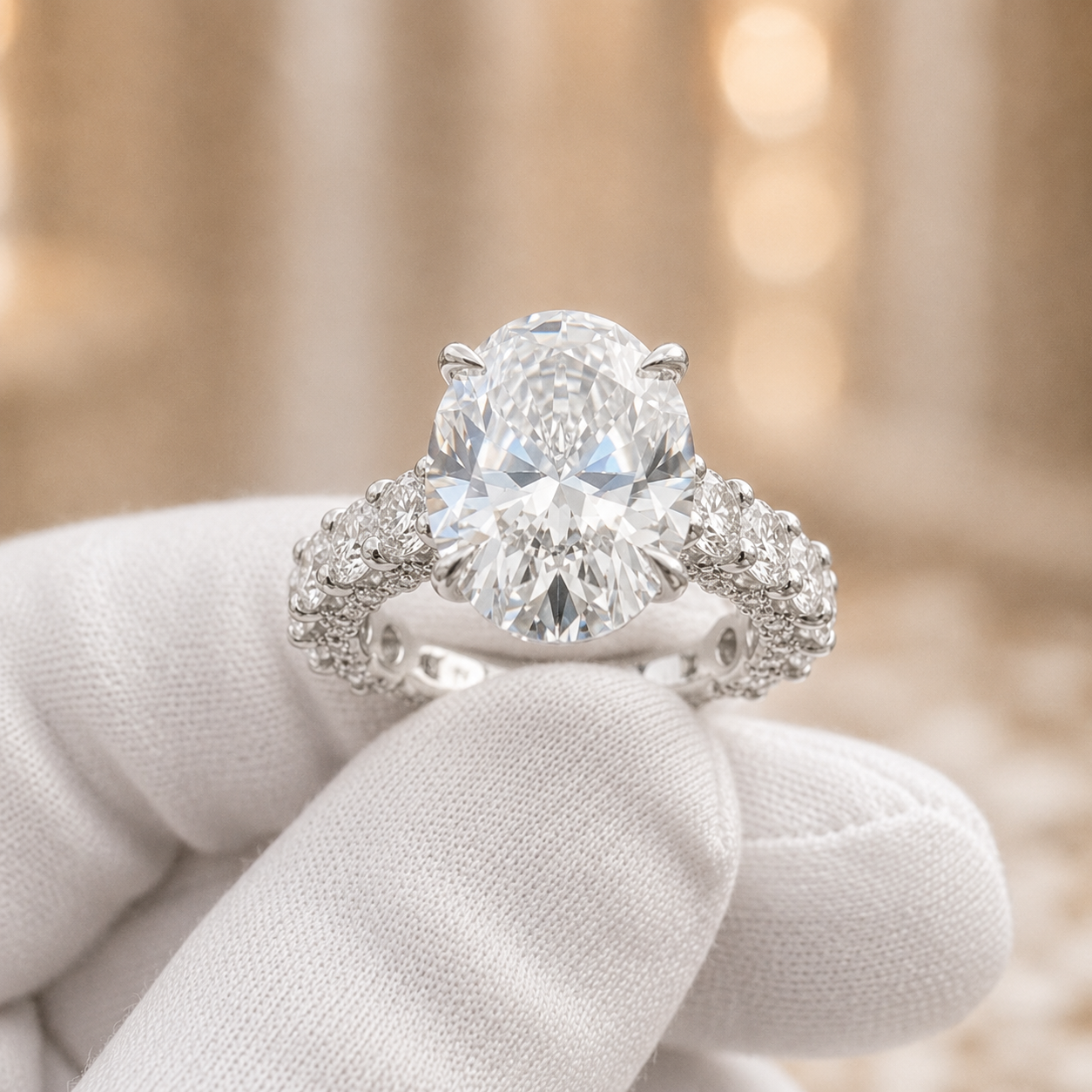 4.00 CT Oval Lab-Grown Diamond Hidden Halo Engagement Ring in 14K White Gold – Pavé Statement Design | IGI Certified