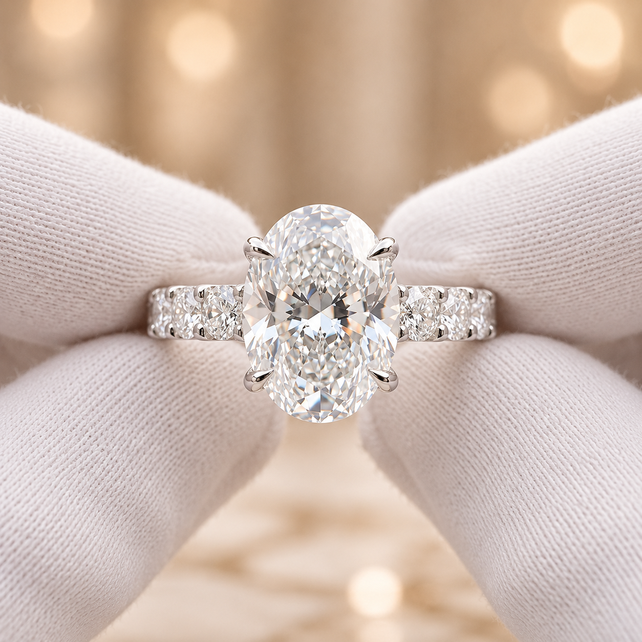4.00 CT Oval Lab-Grown Diamond Hidden Halo Engagement Ring in 14K White Gold – Pavé Statement Design | IGI Certified