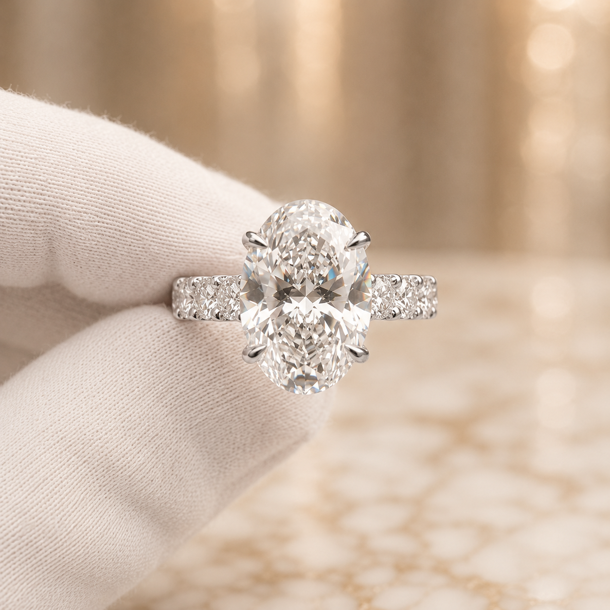 4.00 CT Oval Lab-Grown Diamond Hidden Halo Engagement Ring in 14K White Gold – Pavé Statement Design | IGI Certified