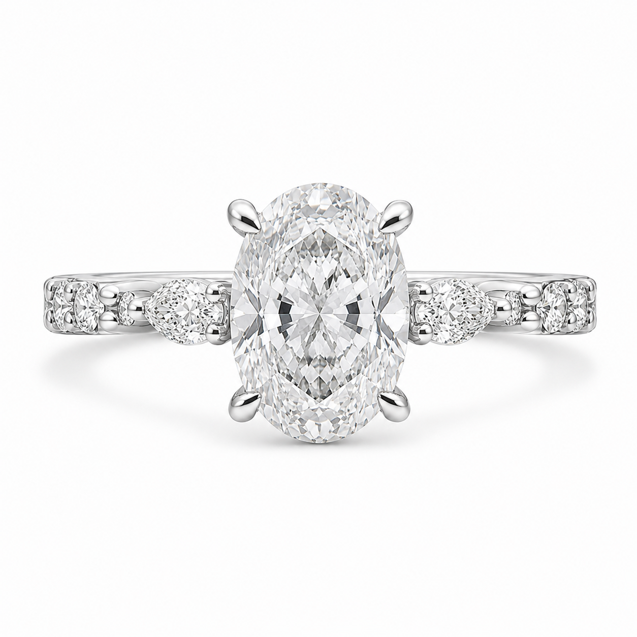 3.00 CT Oval Lab-Grown Diamond Hidden Halo Engagement Ring in 14K White Gold – Marquise Pavé Half Eternity Design