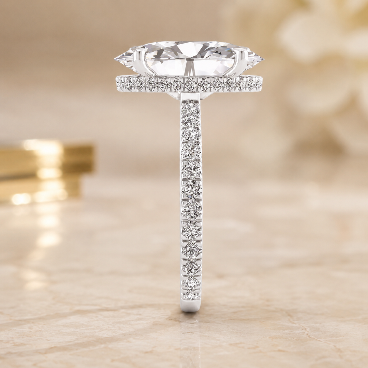 4.00 CT Oval Lab-Grown Diamond Hidden Halo Engagement Ring in 14K White Gold – Cathedral Setting | IGI Certified