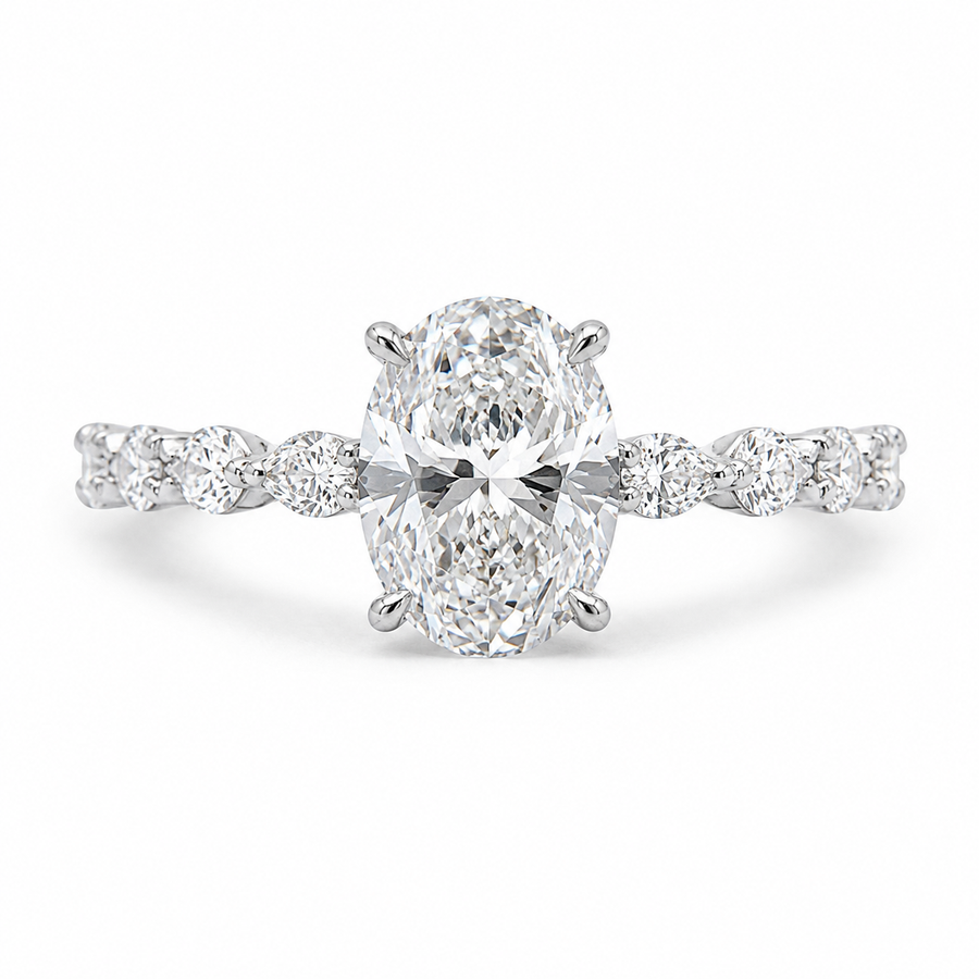 3.00 CT Oval Lab-Grown Diamond Hidden Halo Engagement Ring in 14K White Gold – Marquise Pavé Half Eternity Design