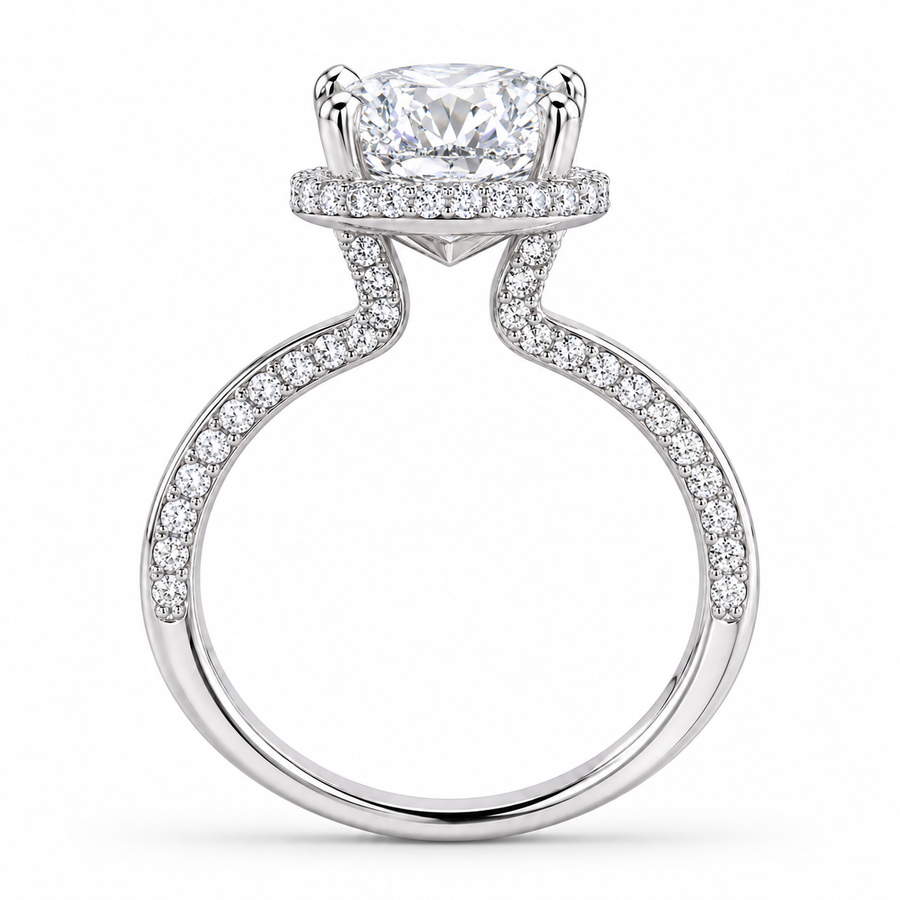 3.00 CT Oval Lab-Grown Diamond Hidden Halo Engagement Ring in 14K White Gold – Pavé Band Design | IGI Certified