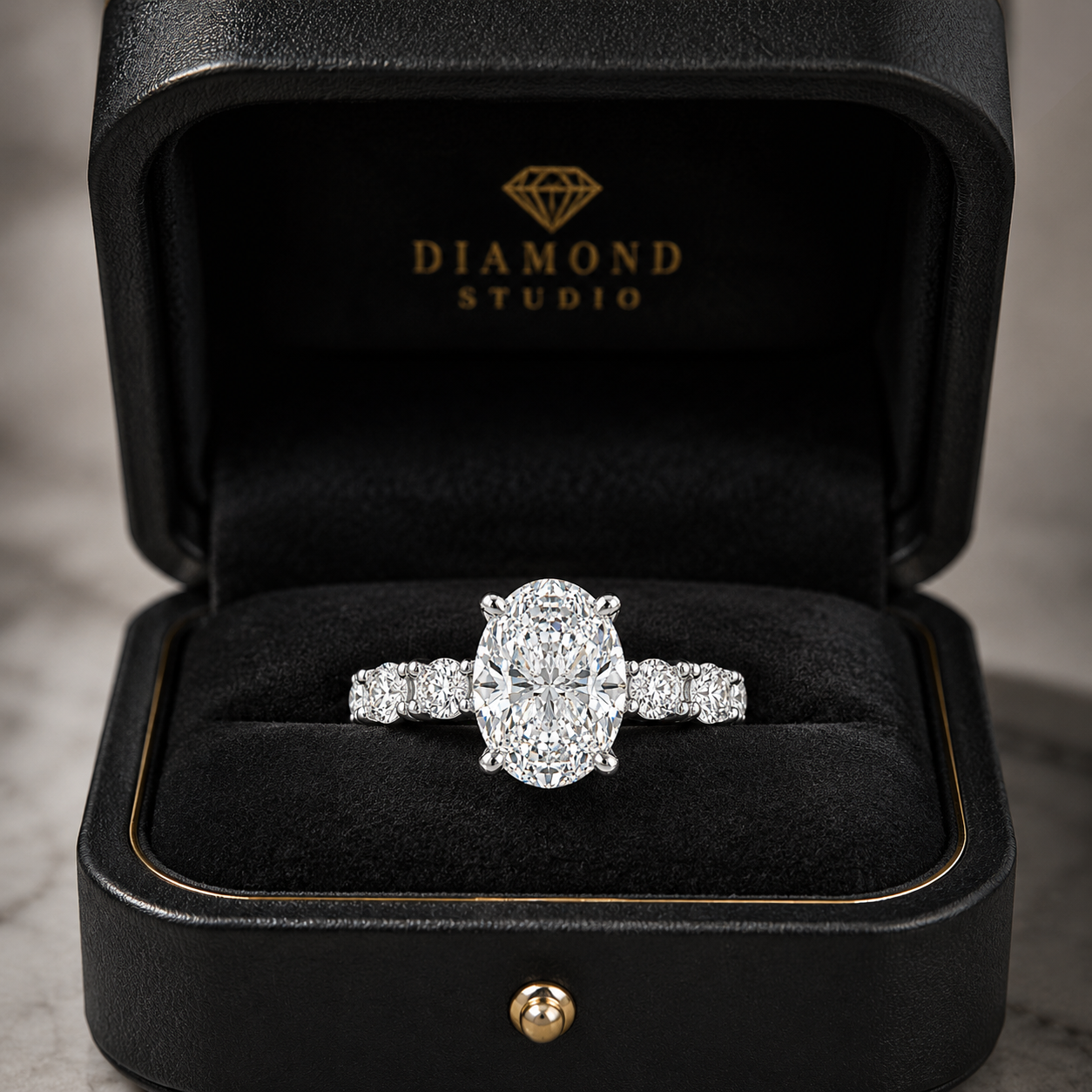 5.00 CT Oval Lab-Grown Diamond Hidden Halo Engagement Ring in 14K White Gold – Oval Side Stone Solitaire Design