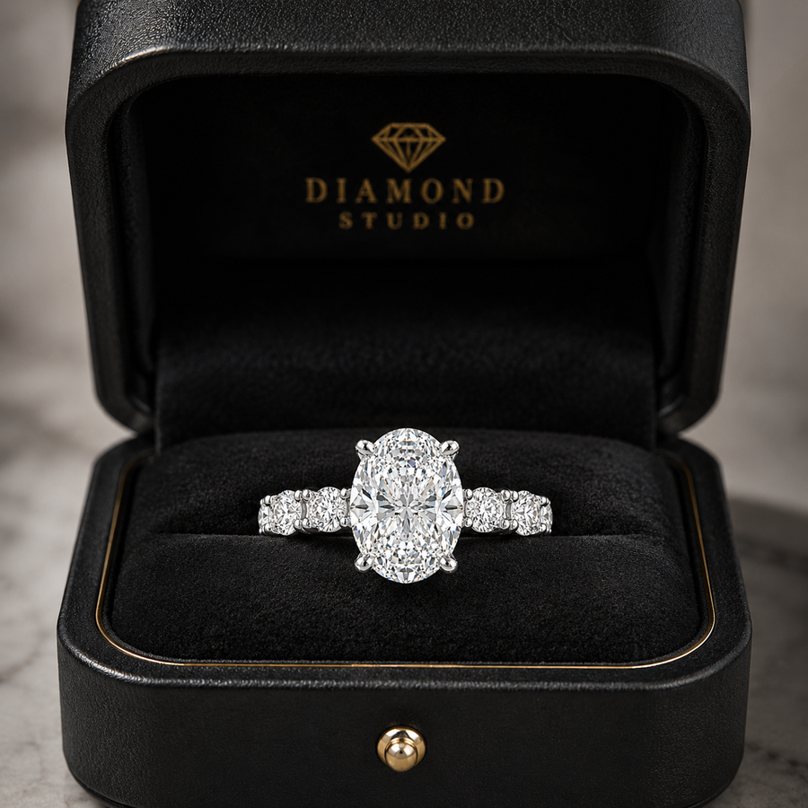 5.00 CT Oval Lab-Grown Diamond Hidden Halo Engagement Ring in 14K White Gold – Oval Side Stone Solitaire Design