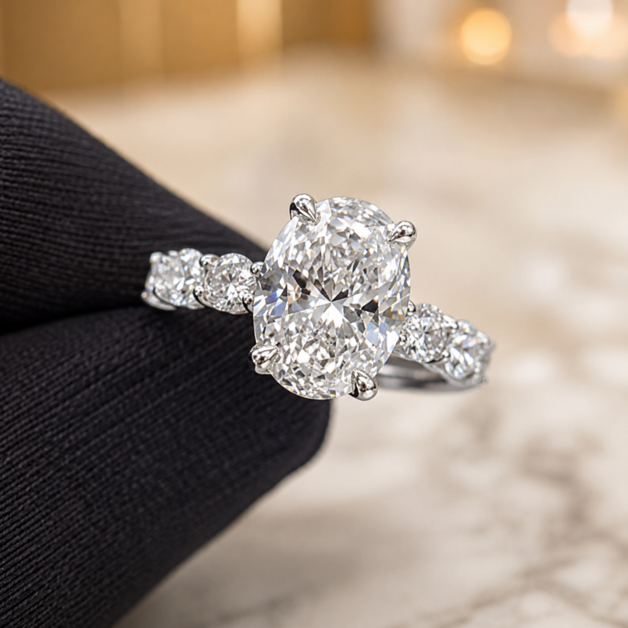 5.00 CT Oval Lab-Grown Diamond Hidden Halo Engagement Ring in 14K White Gold – Oval Side Stone Solitaire Design