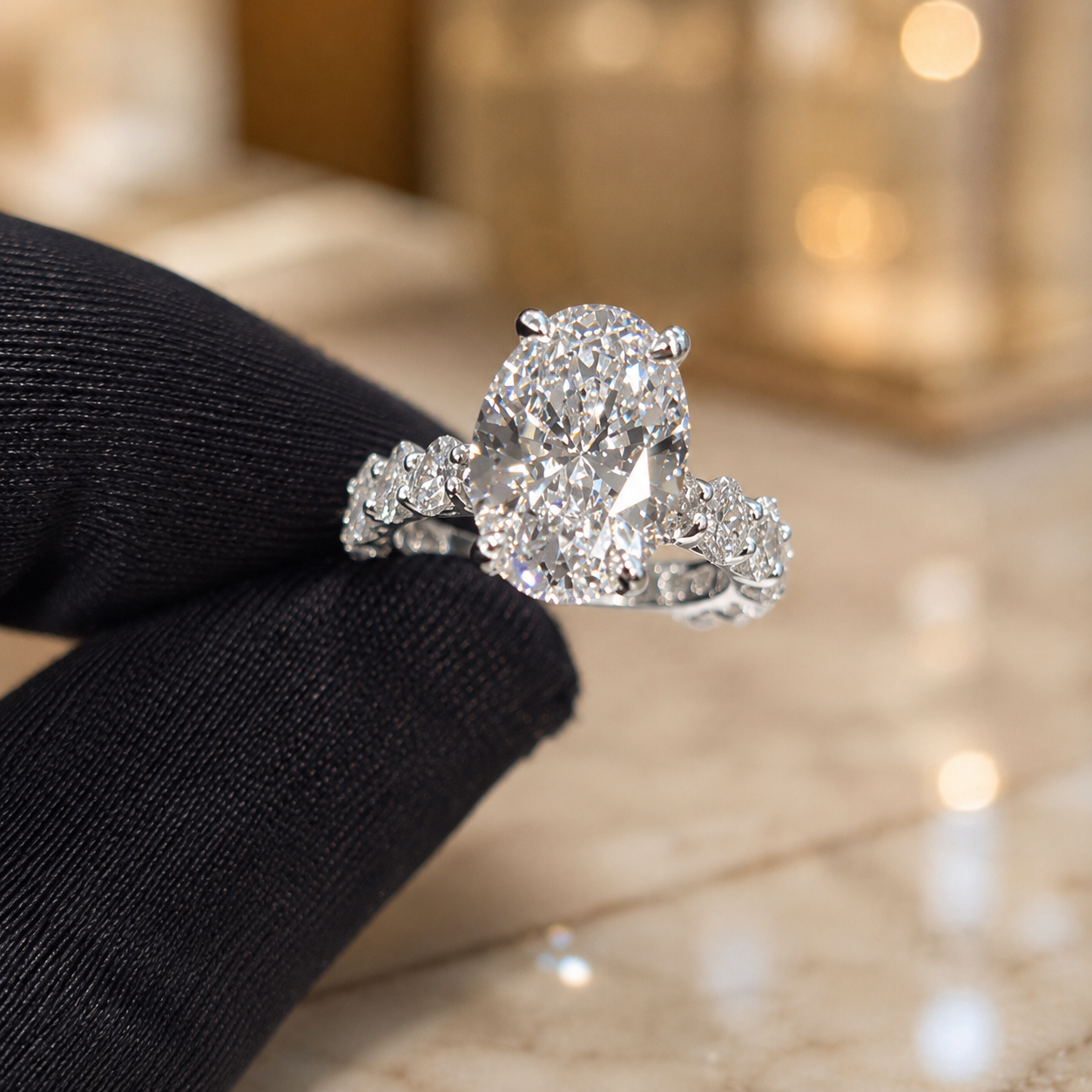 5.00 CT Oval Lab-Grown Diamond Hidden Halo Engagement Ring in 14K White Gold – Oval Side Stone Solitaire Design