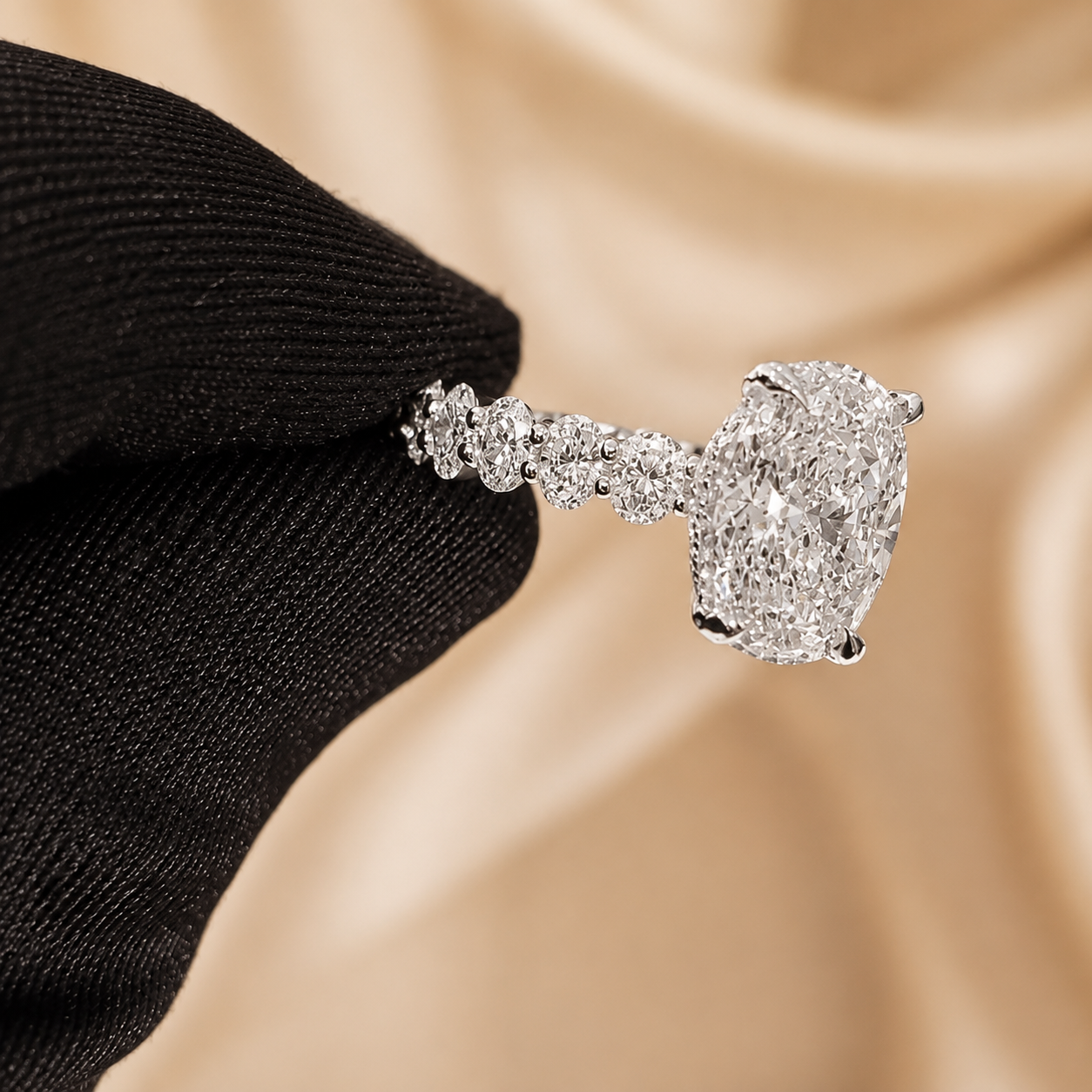 5.00 CT Oval Lab-Grown Diamond Hidden Halo Engagement Ring in 14K White Gold – Oval Side Stone Solitaire Design