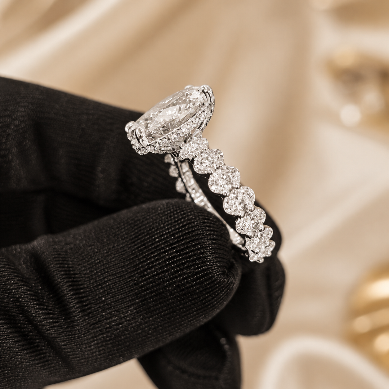 5.00 CT Oval Lab-Grown Diamond Hidden Halo Engagement Ring in 14K White Gold – Oval Side Stone Solitaire Design
