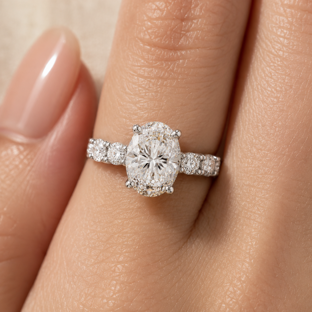5.00 CT Oval Lab-Grown Diamond Hidden Halo Engagement Ring in 14K White Gold – Oval Side Stone Solitaire Design