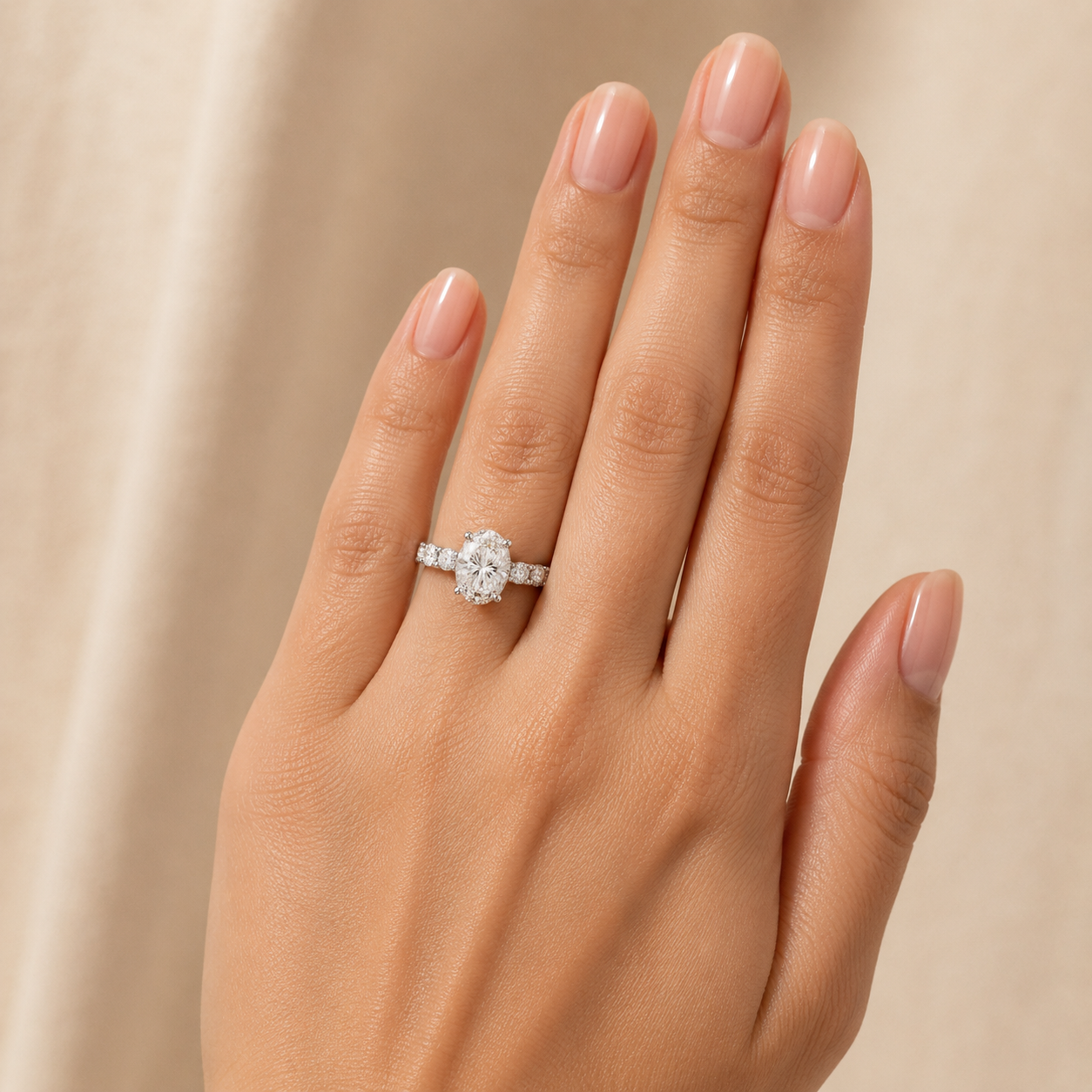 5.00 CT Oval Lab-Grown Diamond Hidden Halo Engagement Ring in 14K White Gold – Oval Side Stone Solitaire Design