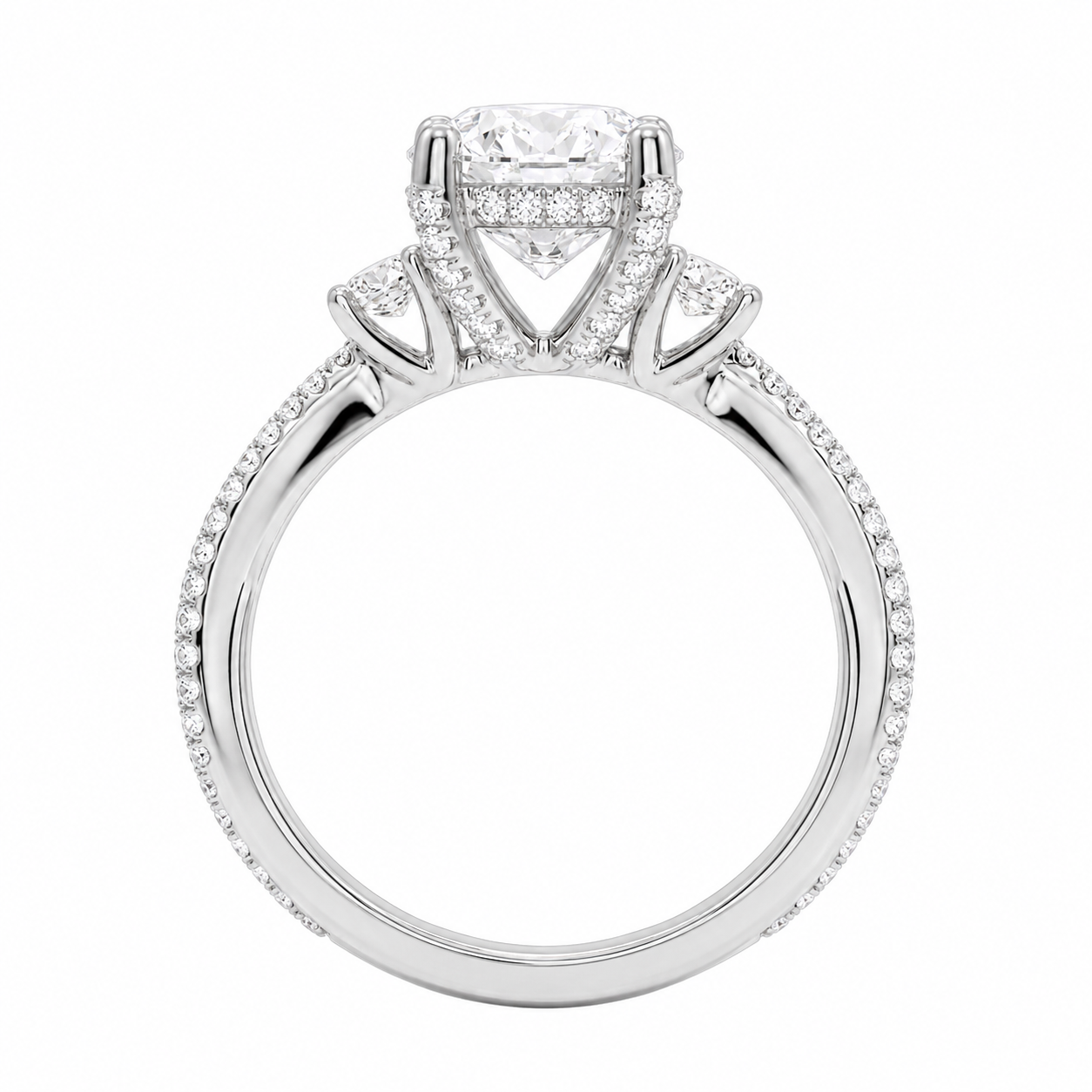 3.00 CT Pear Lab-Grown Diamond Hidden Halo Three Stone Engagement Ring in 14K White Gold – Petite Twisted Vine Design